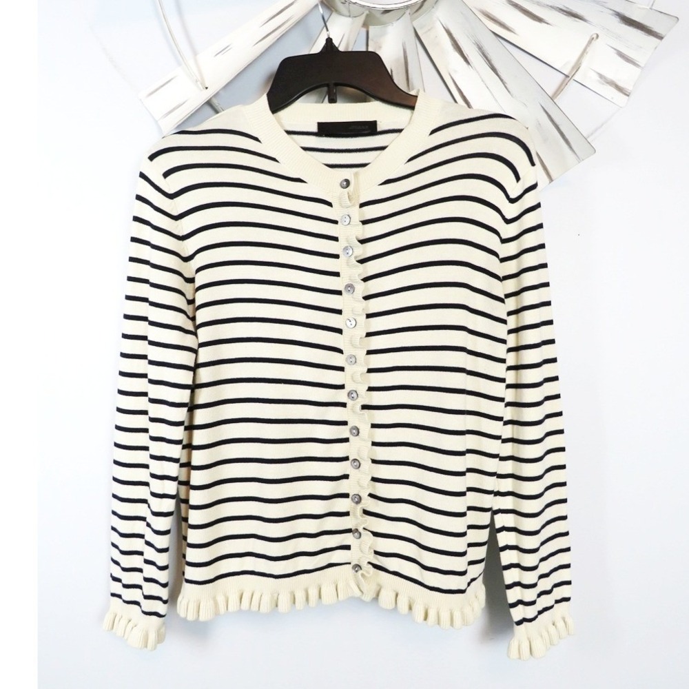 Zara Cream & Navy Stripe Ruffle Trim Cardigan Medium Button Front Bangladesh - Picture 3 of 12